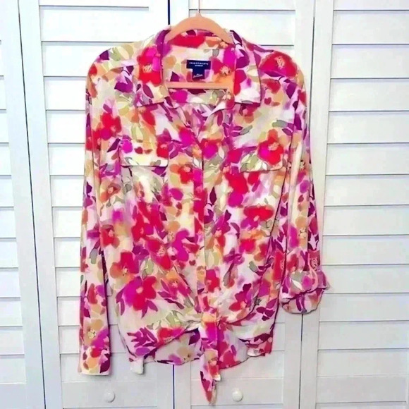 Investments Floral Button Down Tie Front Long Sleeve Top Size 2X - Picture 1 of 10